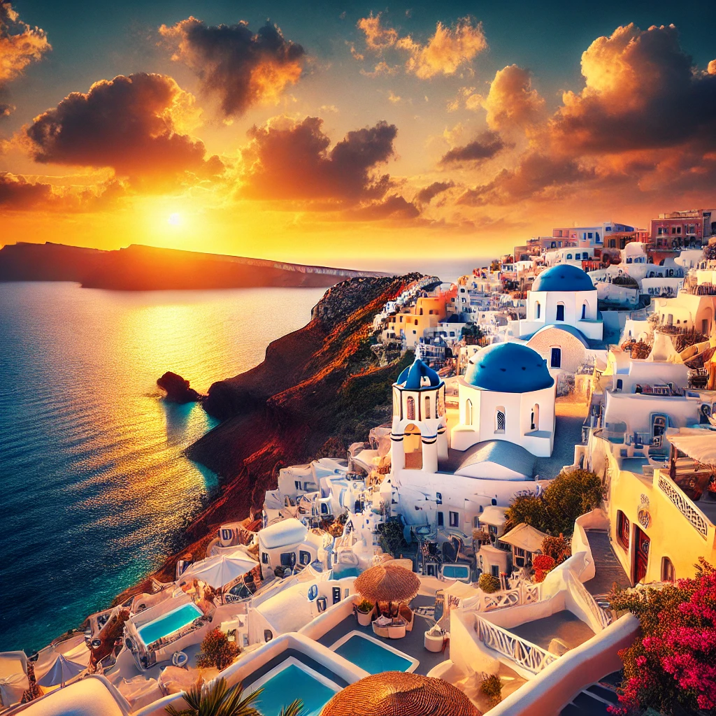 DALL·E 2024 12 02 14.19.51 A stunning view of Santorini Greece showcasing its iconic white washed buildings with blue domes perched on the edge of a cliff overlooking the dee