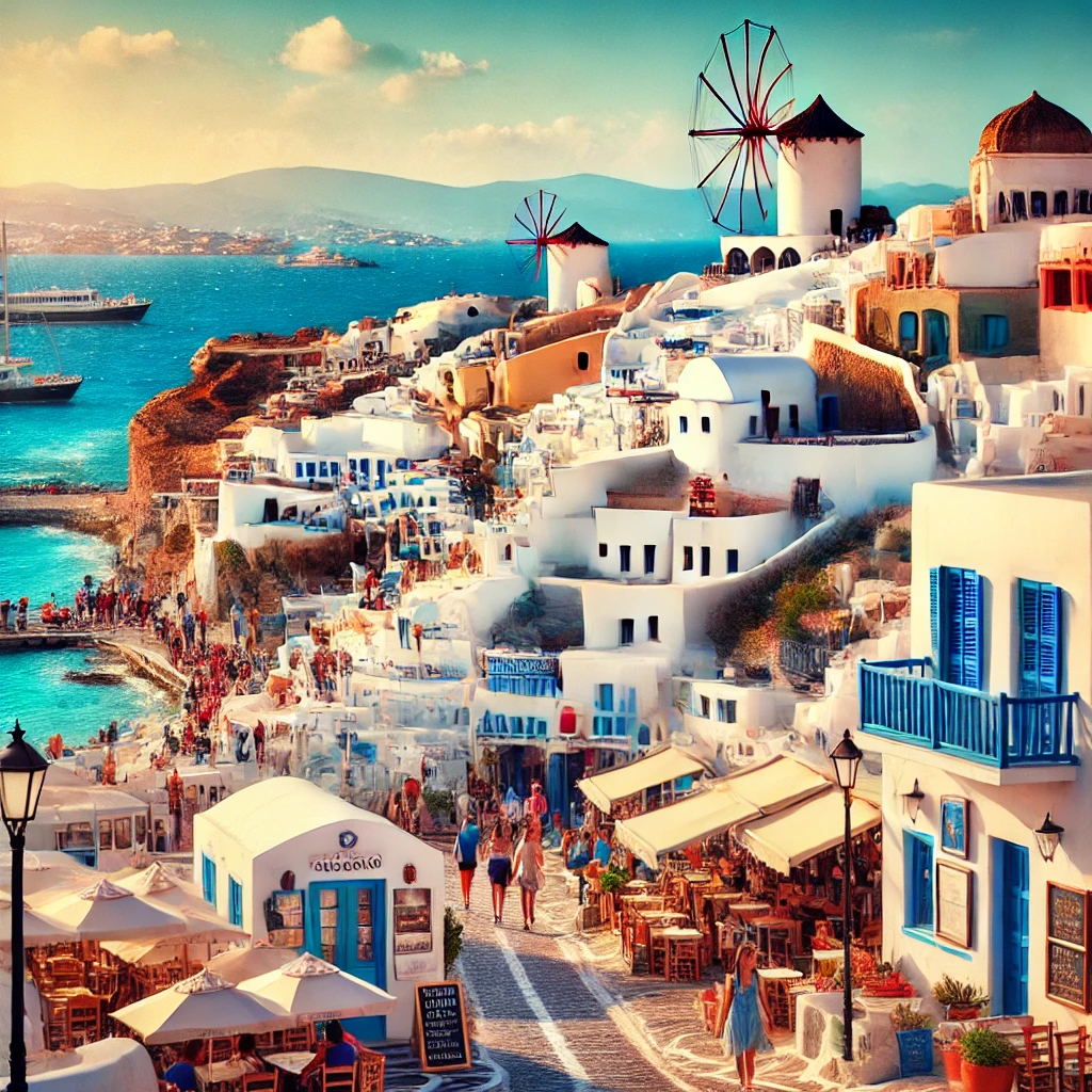 DALL·E 2024 12 02 14.22.57 A beautiful scene of Mykonos Greece featuring the famous white washed buildings with blue shutters narrow cobblestone streets and iconic windmills